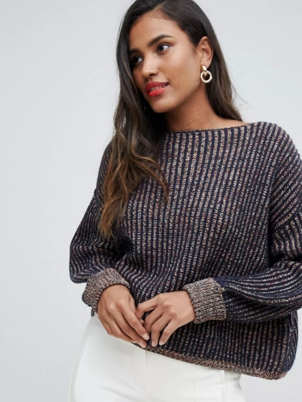 French Connection Navy and Metallic Stripe Crewneck Sweater